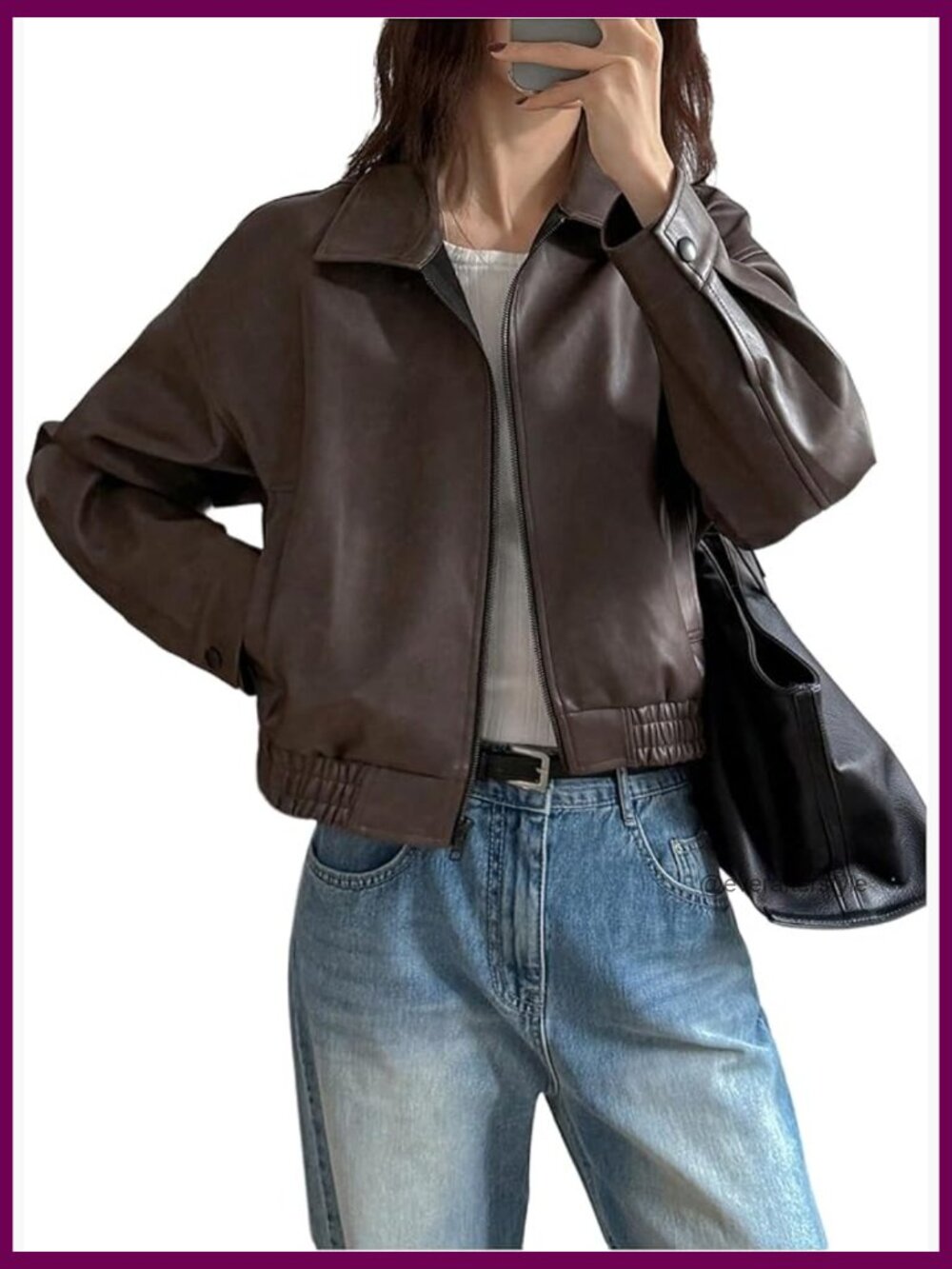 Faux Leather Zip Up Jacket Vintage Collared Long Sleeve Motorcycle - Picture 1 of 5